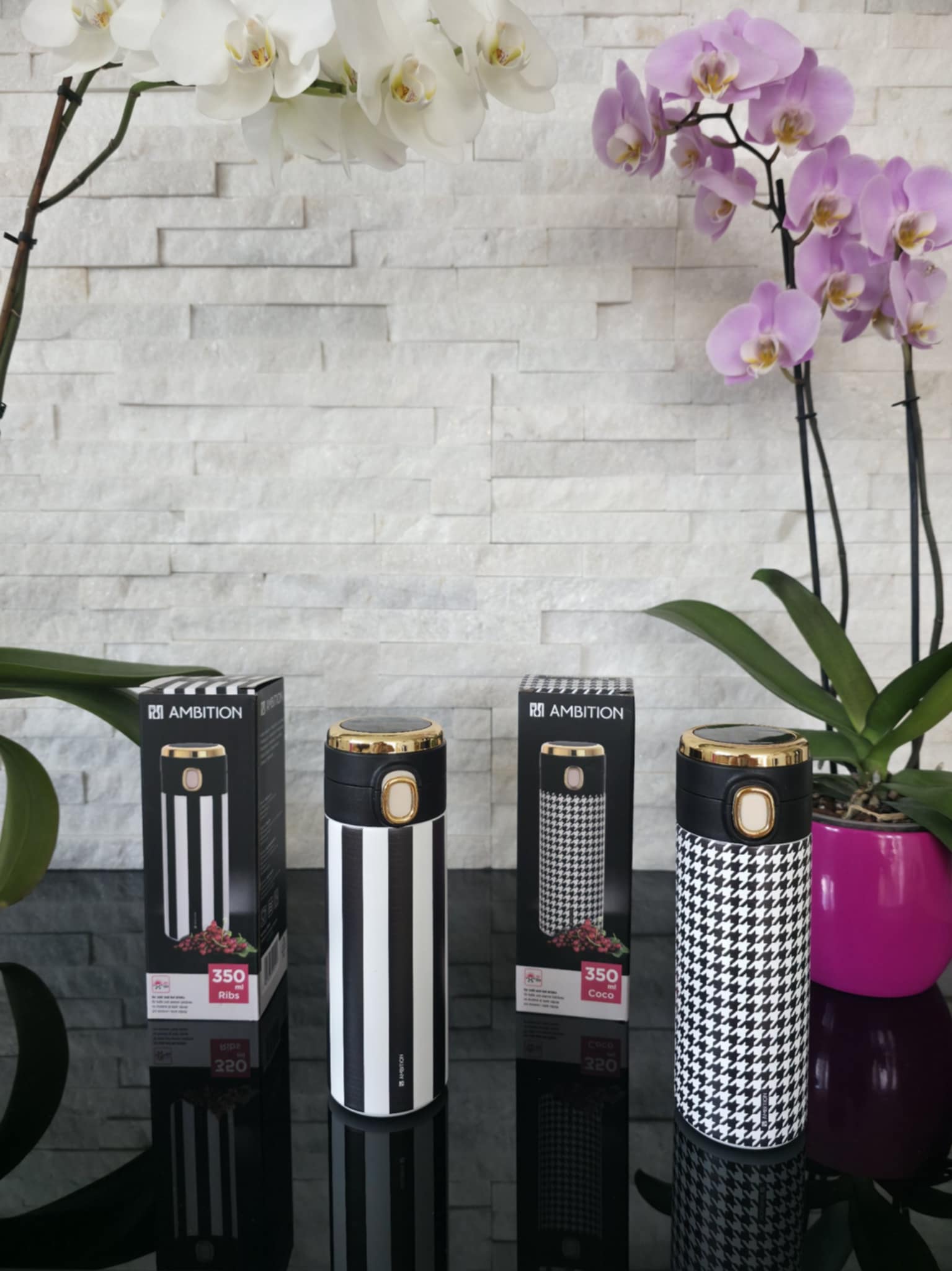 98899 AMBITION Kubek termiczny 350 ml RIBS w paski czarno białe - obrazek 2